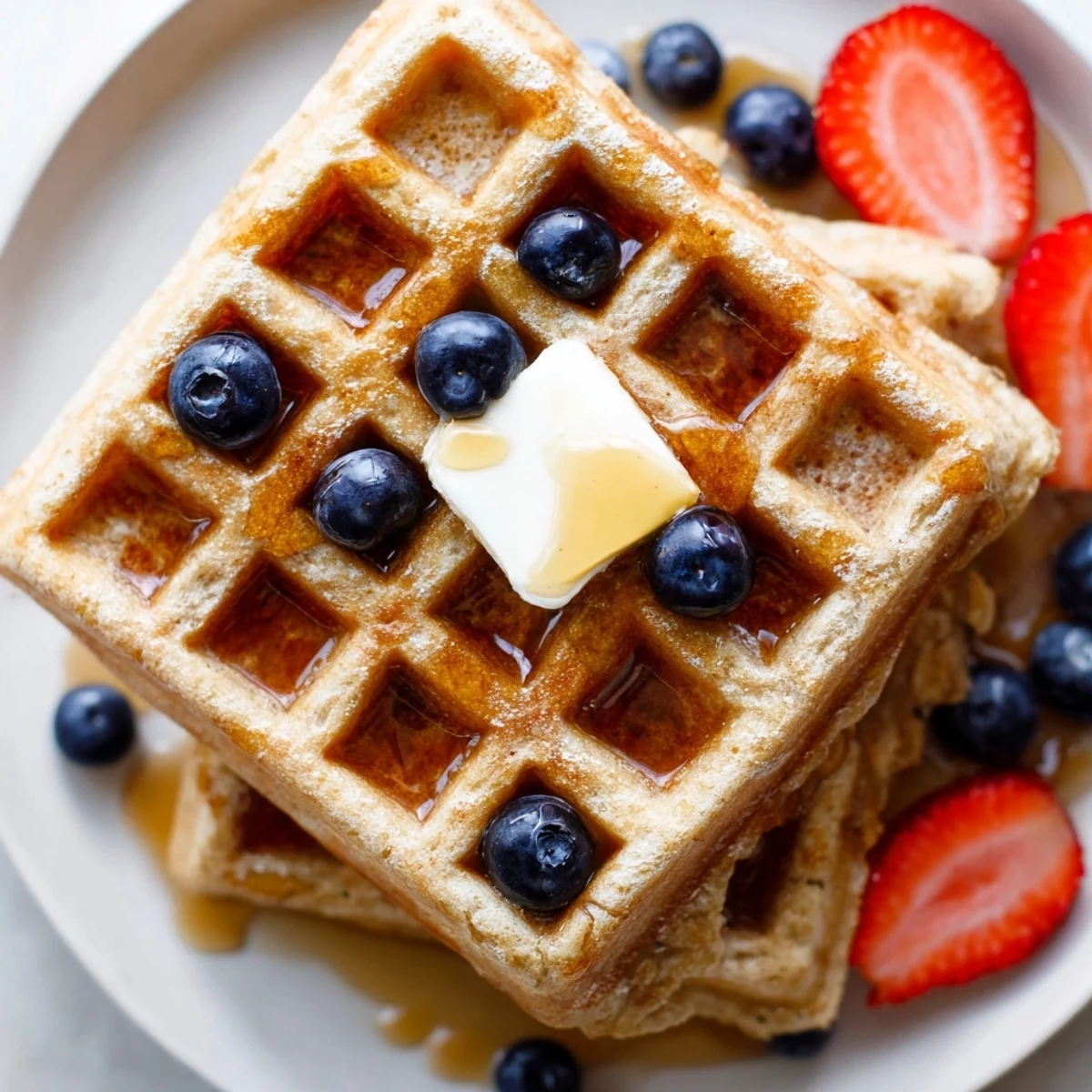 Light and fluffy Greek yogurt waffles served warm on a white breakfast plate.