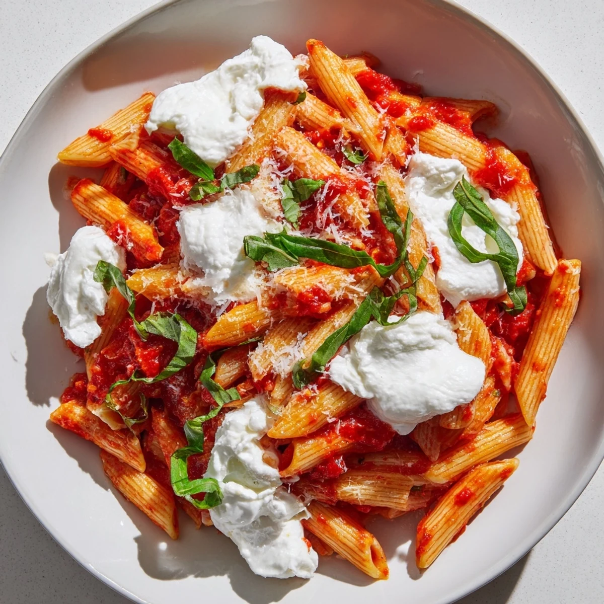 Creamy tomato garlic ricotta penne topped with fresh basil and Parmesan cheese