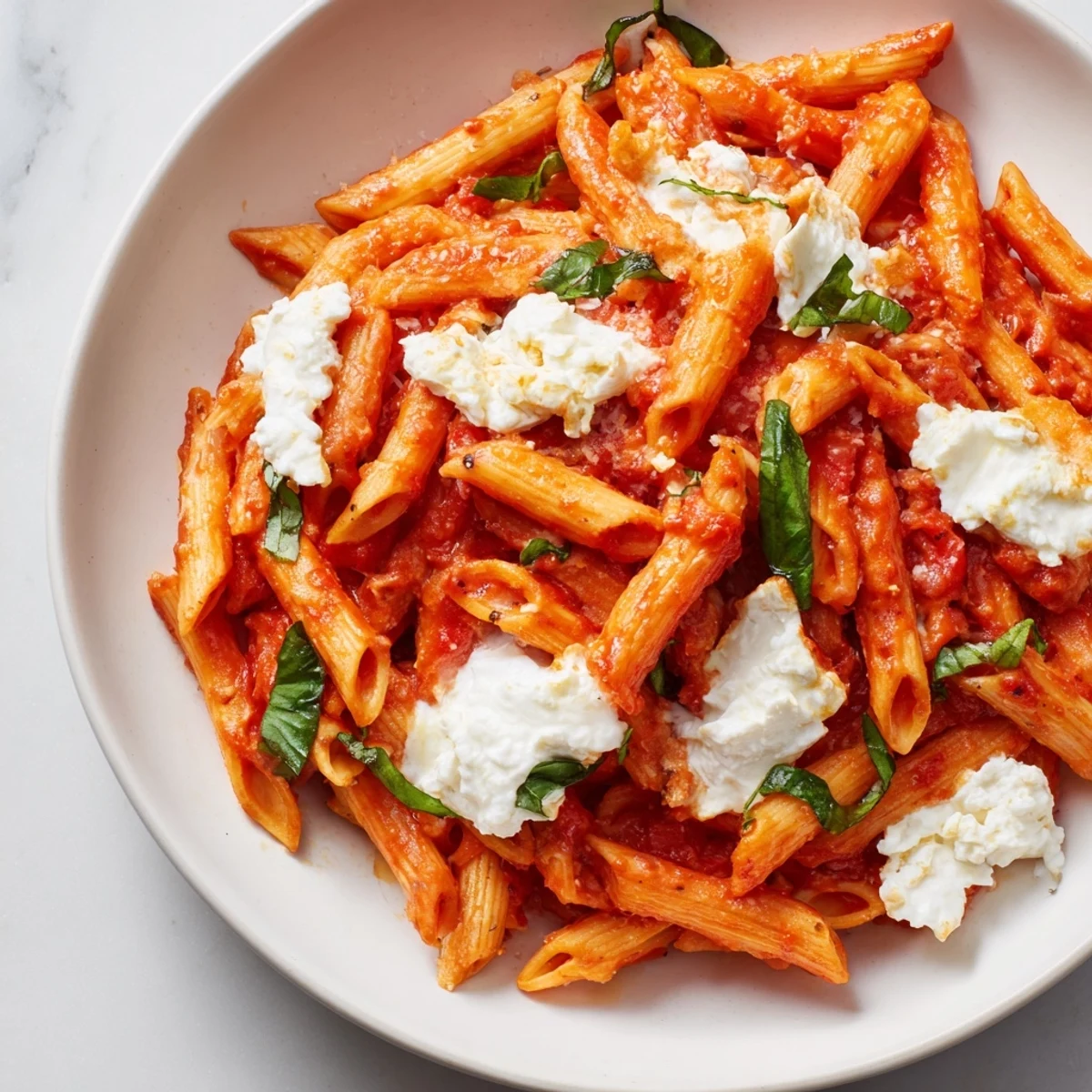 Tender penne pasta coated in rich garlicky tomato sauce with creamy ricotta swirls