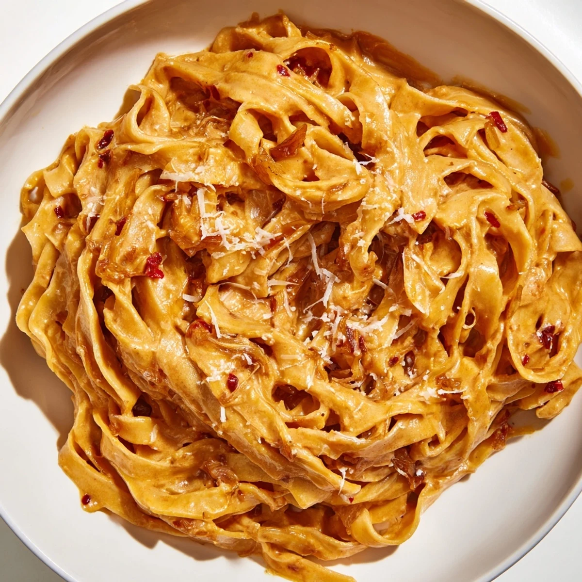Creamy Sweet Heat Caramelized Onion Fettuccine topped with fresh parsley and Parmesan cheese