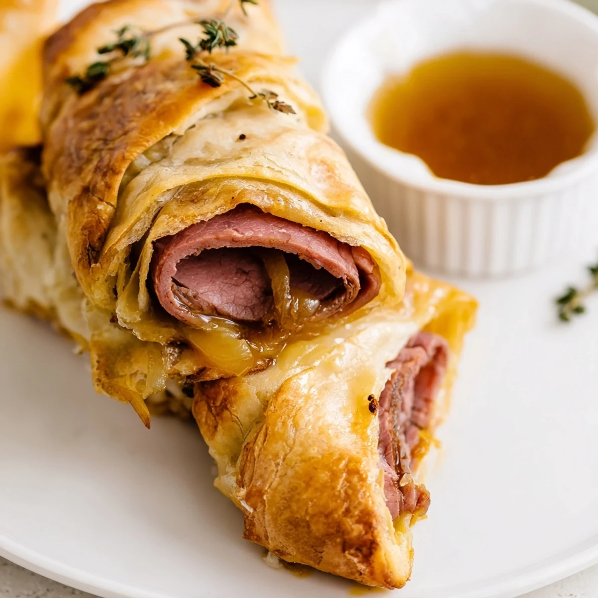 Golden Beef and Cheese French Dip Roll Ups with savory au jus in a dipping bowl
