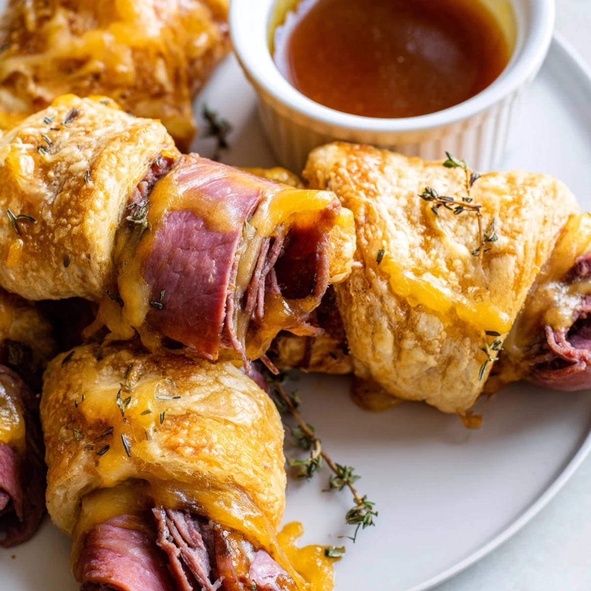 Crescent dough Beef and Cheese French Dip Roll Ups with gooey melted provolone cheese