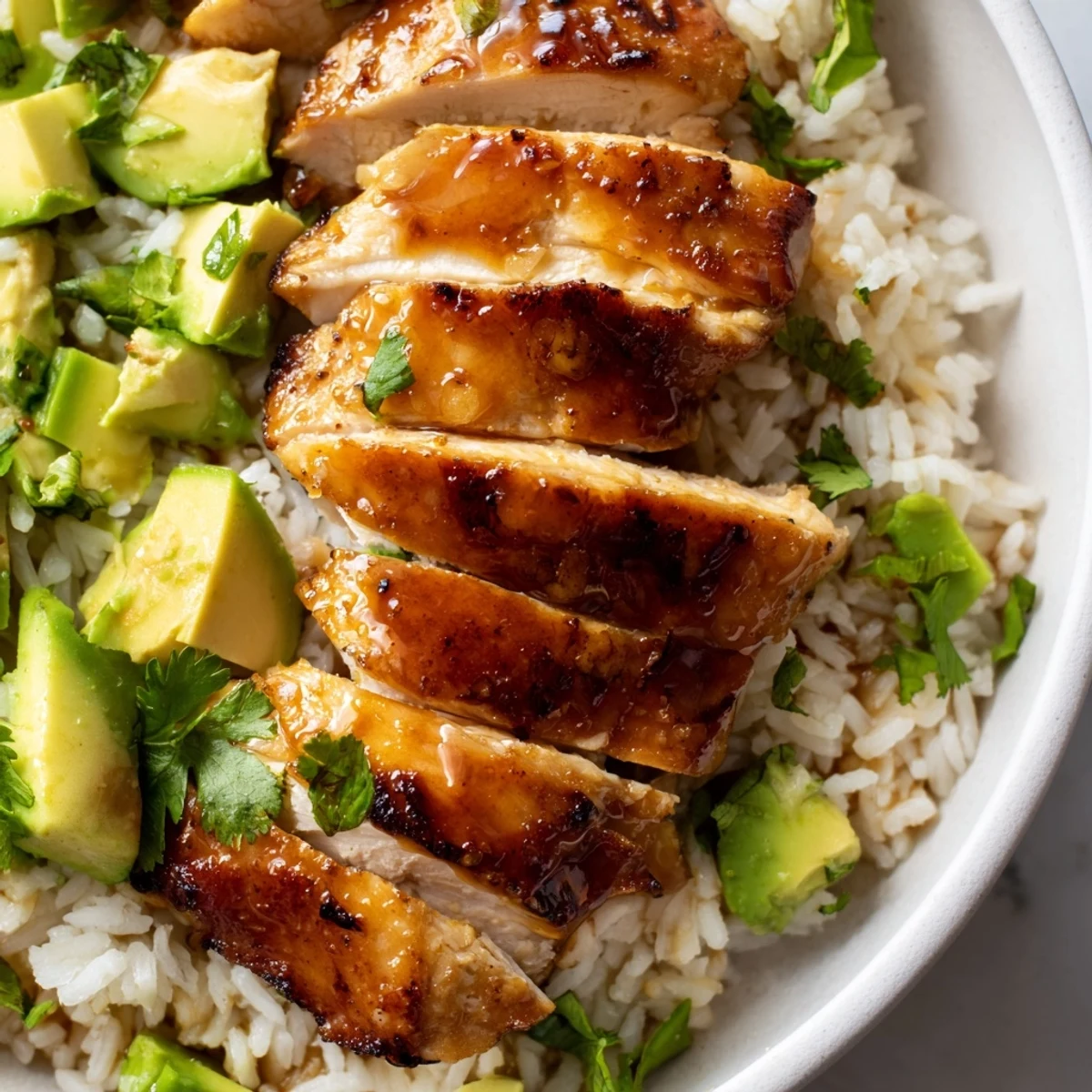 Golden honey lime chicken with zesty glaze plated atop fluffy avocado rice in a white bowl