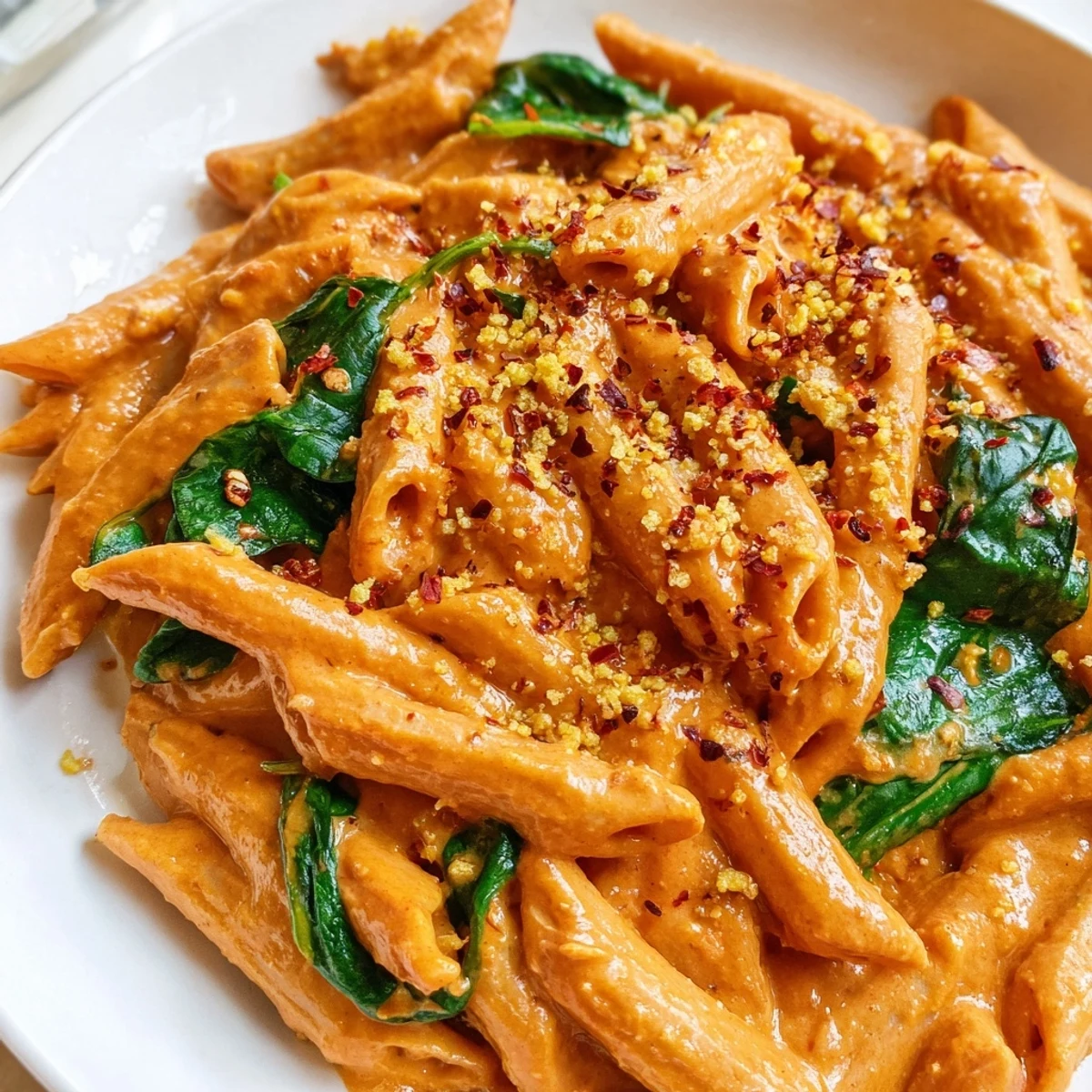 Creamy sun dried tomato vegan pasta topped with fresh basil and red pepper flakes