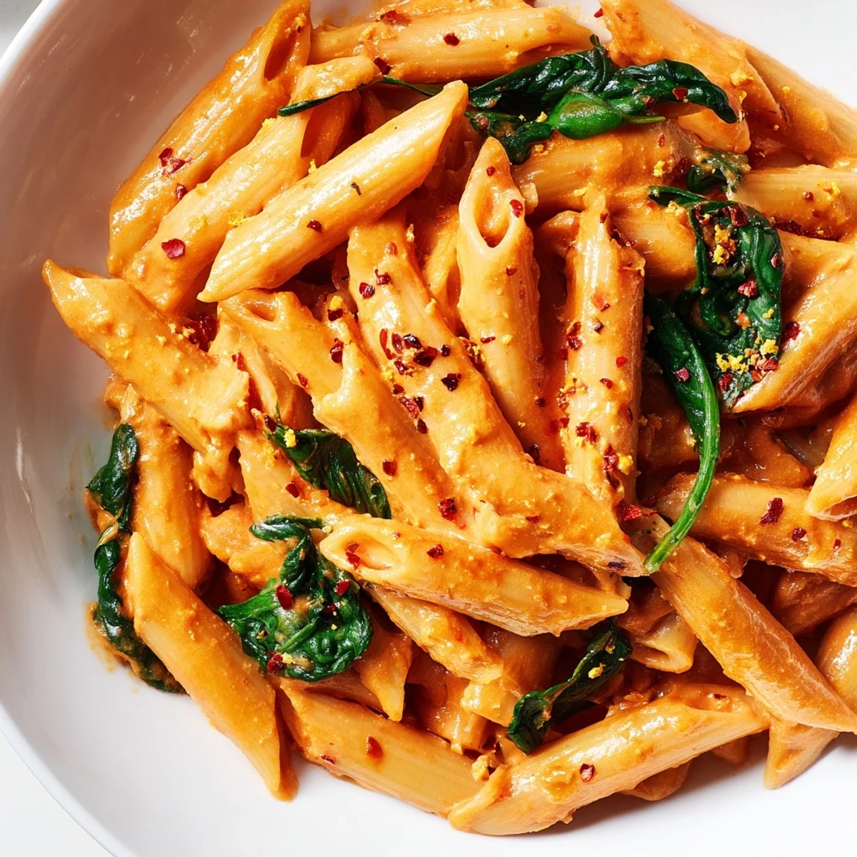 Golden creamy sun dried tomato vegan pasta tossed with wilted spinach in skillet