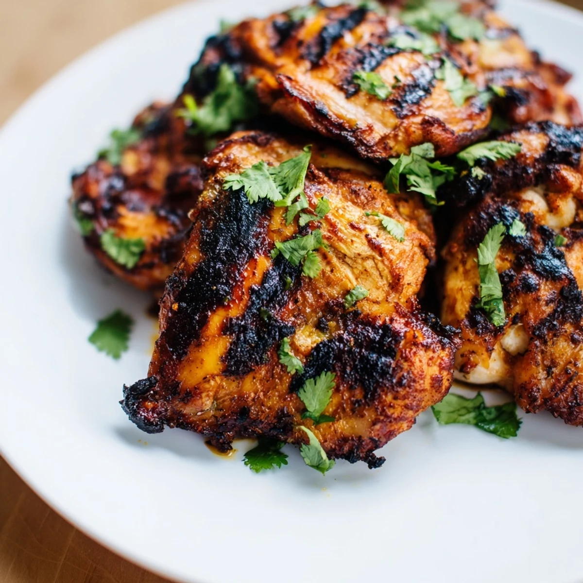 Grilled Vietnamese Chicken with charred edges and fresh cilantro on a white plate