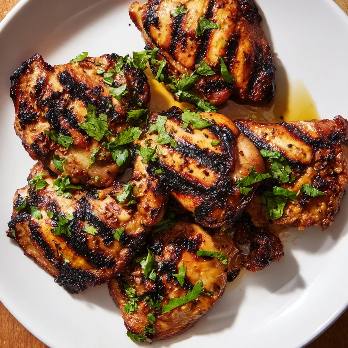 Caramelized Grilled Vietnamese Chicken thighs resting alongside crisp cucumber slices and lime wedges