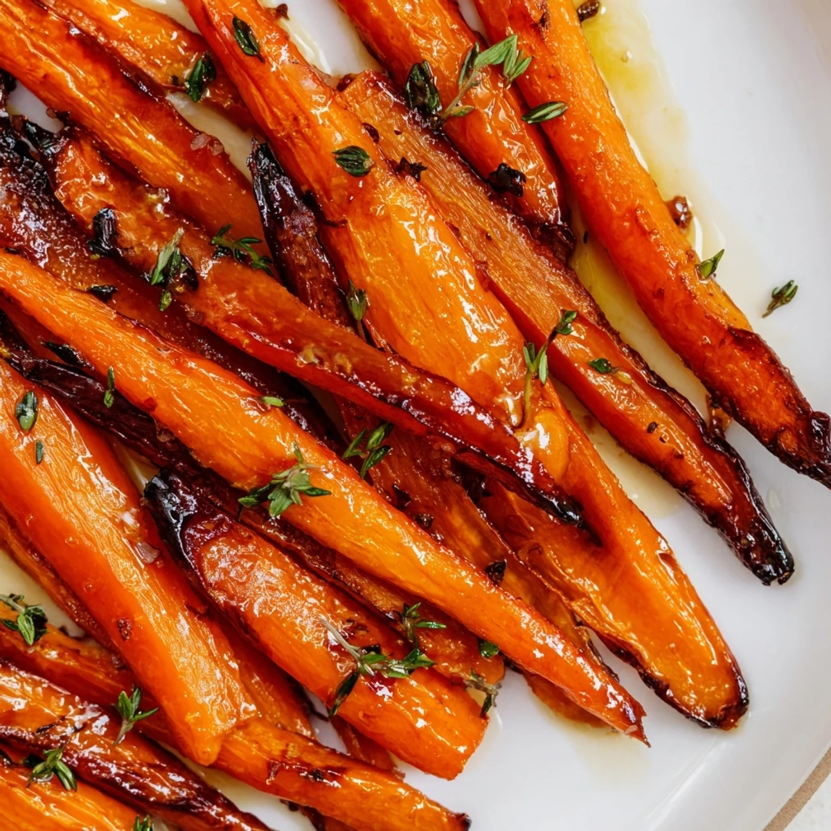 Glistening honey roasted carrots with caramelized edges on a white serving platter
