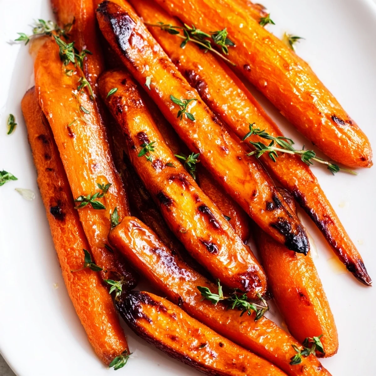 Golden honey roasted carrots garnished with fresh thyme in a rustic dish