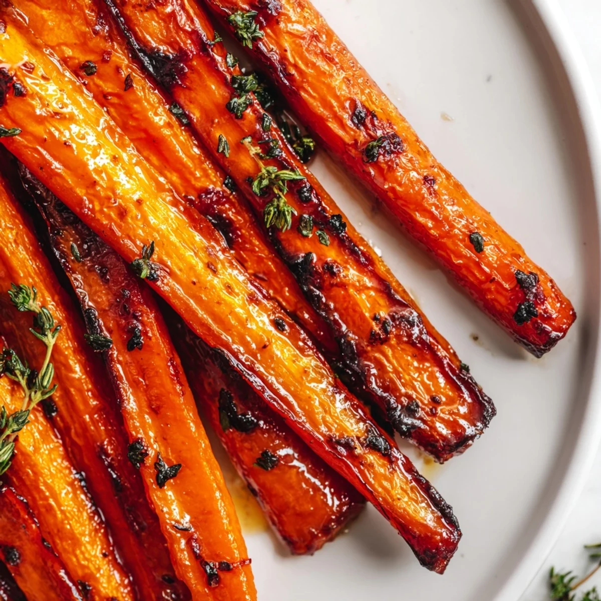 Tender honey roasted carrots with glossy glaze arranged on a baking sheet