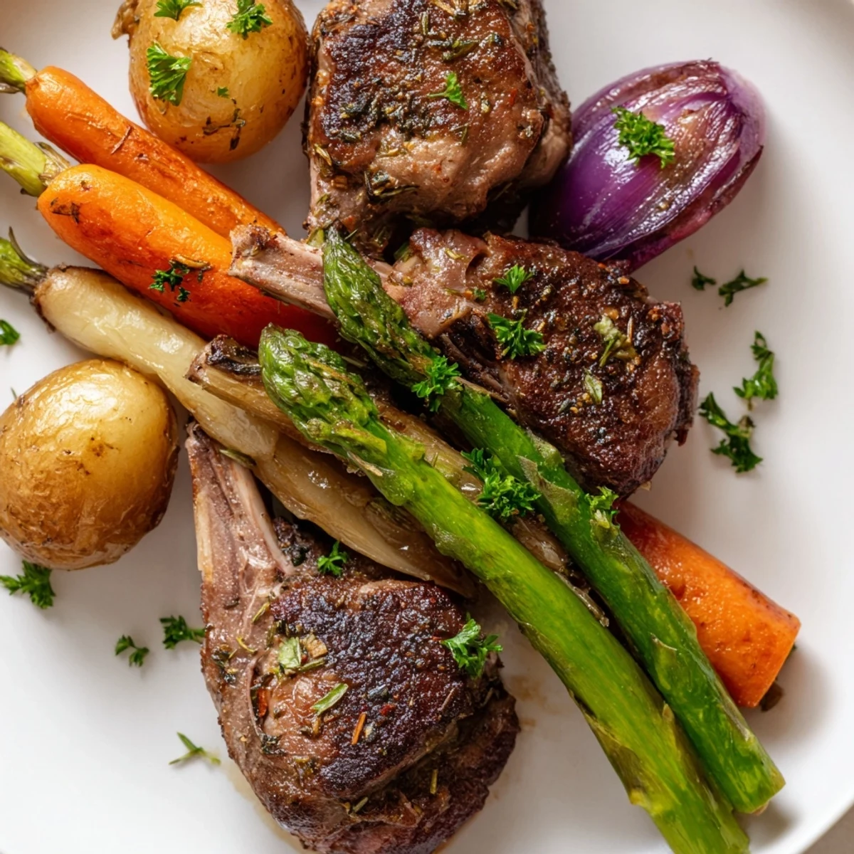 Easter dinner sheet pan with tender lamb, baby potatoes, and fresh asparagus