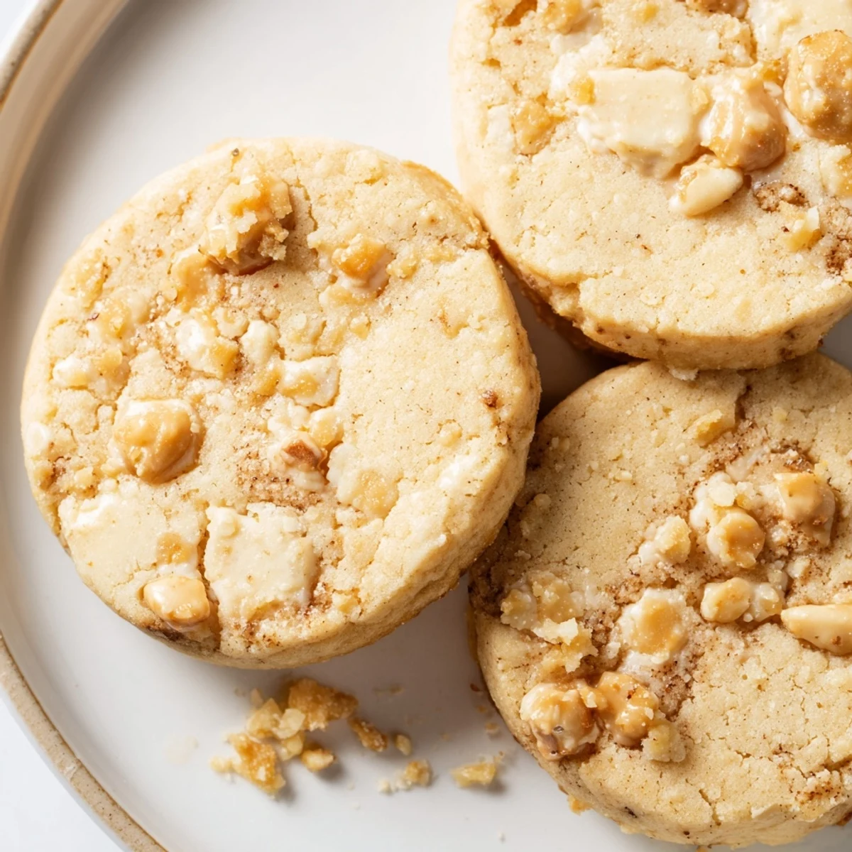 Espresso shortbread cookies with golden edges and melty toffee bits on a rustic wooden board