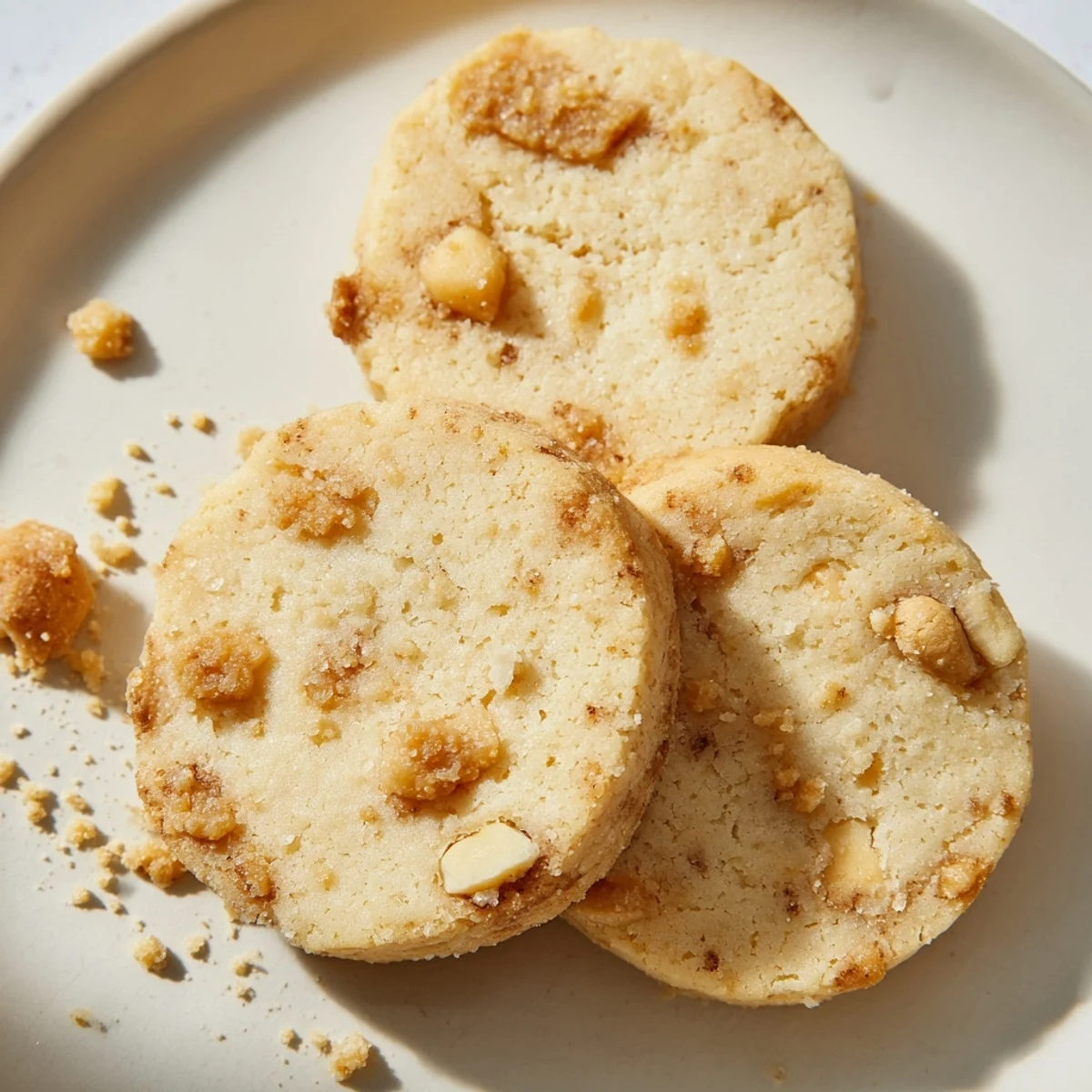 Crisp espresso shortbread cookies studded with sweet toffee chunks arranged beside a steaming mug