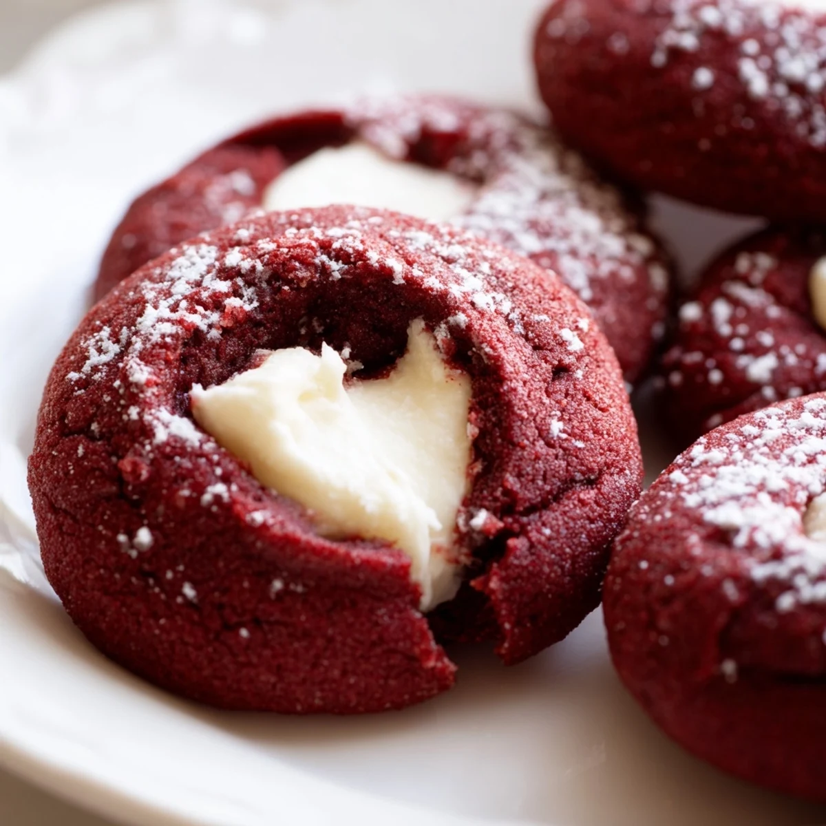 Red velvet thumbprint cookies with tender cocoa centers piped full of smooth cream cheese
