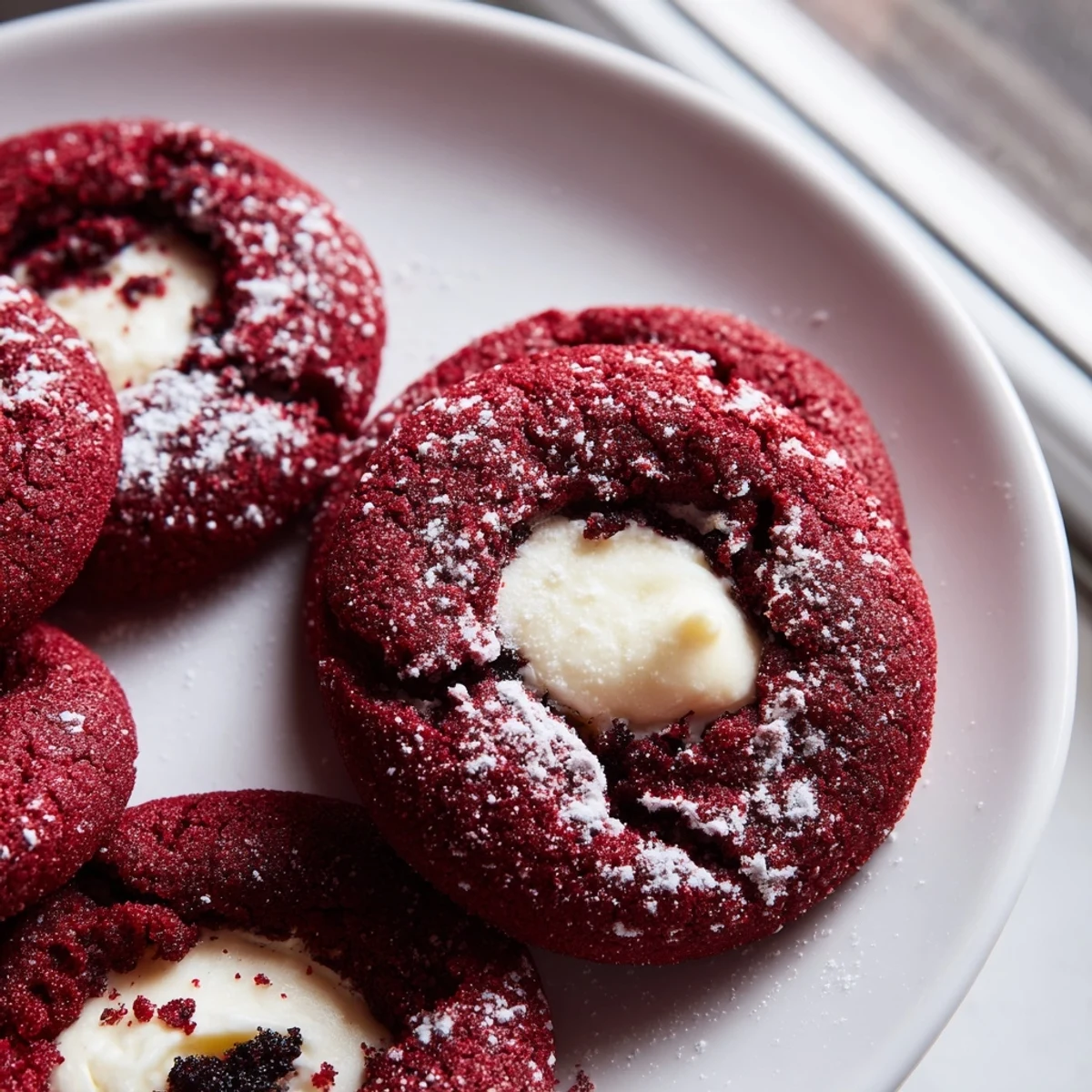 Glossy cream cheese filling pools in deep indentations of baked red velvet thumbprint cookies