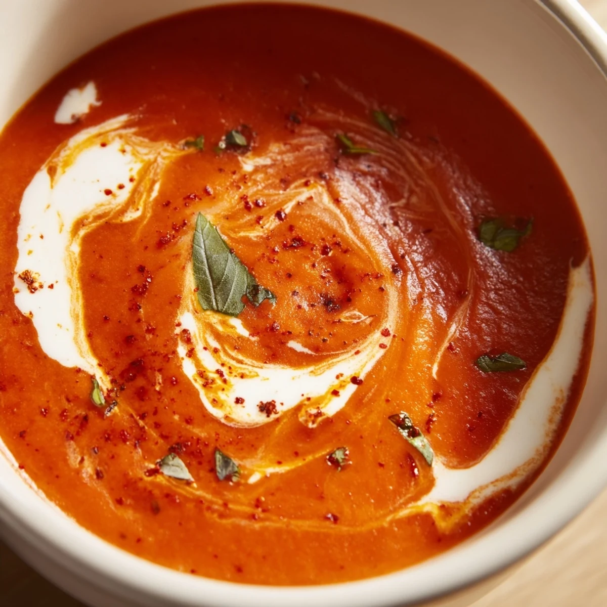 Creamy fire roasted tomato soup ladled into a bowl with fresh basil garnish