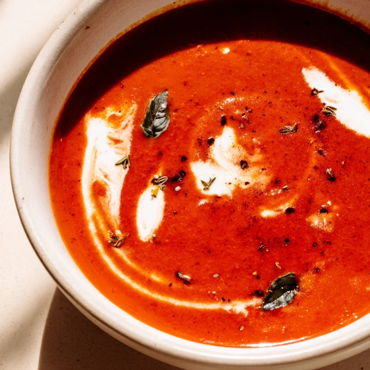 Smoky fire roasted tomato soup in a rustic bowl beside crusty sourdough bread