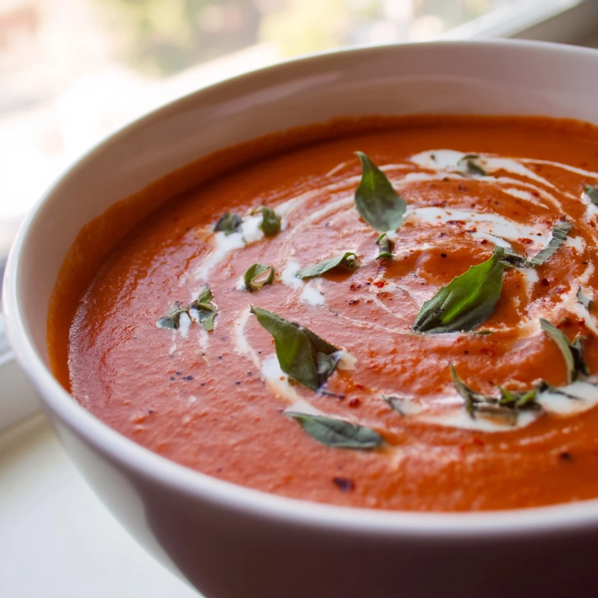 Velvety fire roasted tomato soup topped with a drizzle of cream and basil leaves