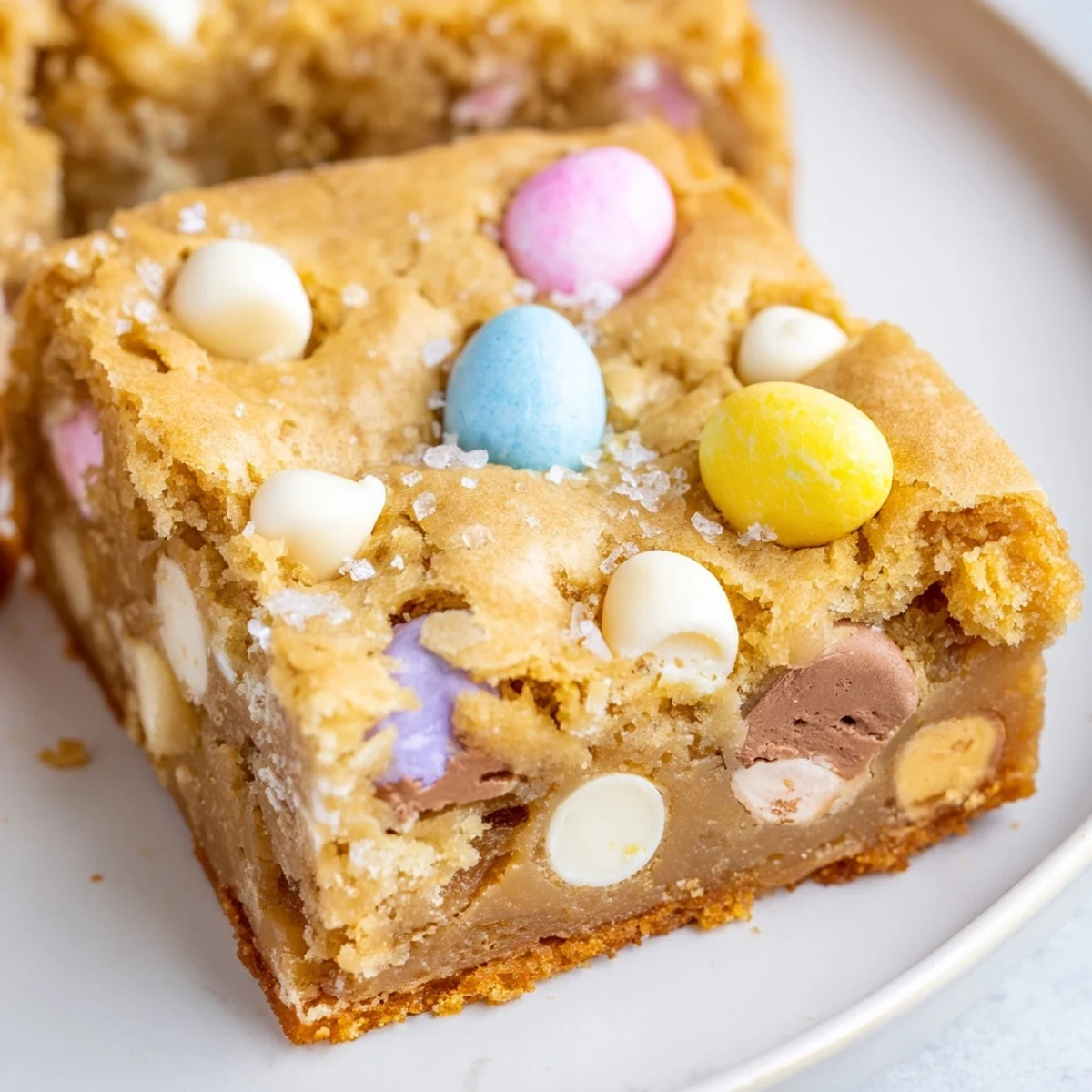 Chewy mini Cadbury Easter egg blondies with gooey centers and pastel candy toppings