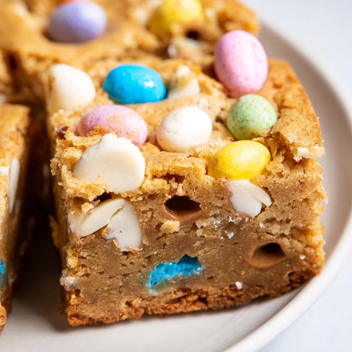 Golden mini Cadbury Easter egg blondies studded with white chocolate chips and sprinkled with colorful candies