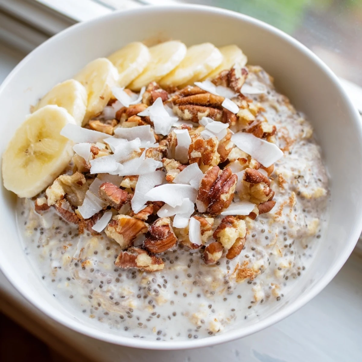 Creamy coconut cream pie overnight oats topped with toasted coconut flakes in a glass jar