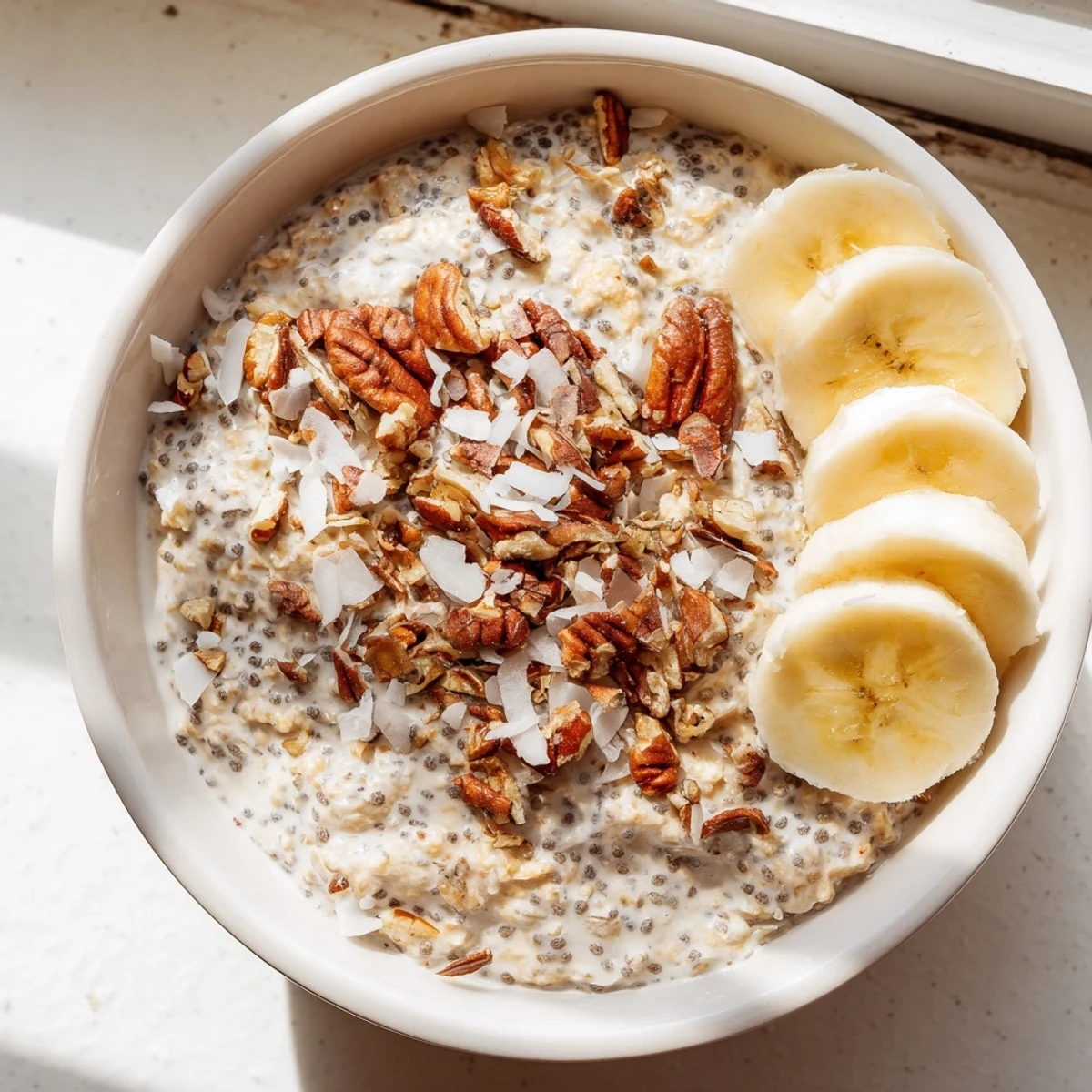 Coconut cream pie overnight oats layered with crunchy pecans and fresh banana slices