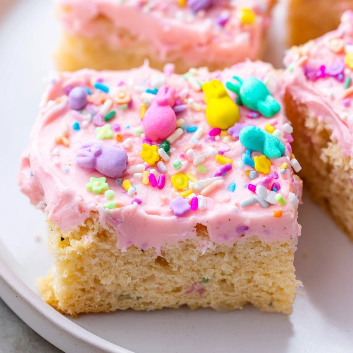 Soft Easter sugar cookie bars with swirled pastel frosting and colorful sprinkles