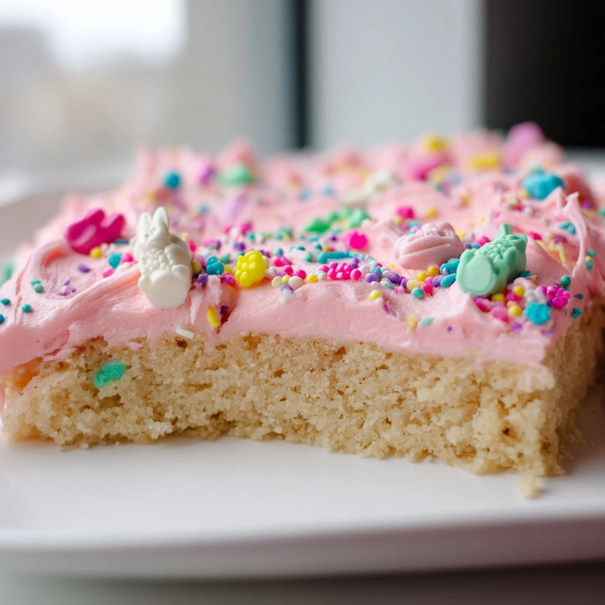 Thick Easter sugar cookie bars sliced into squares covered in creamy pink frosting