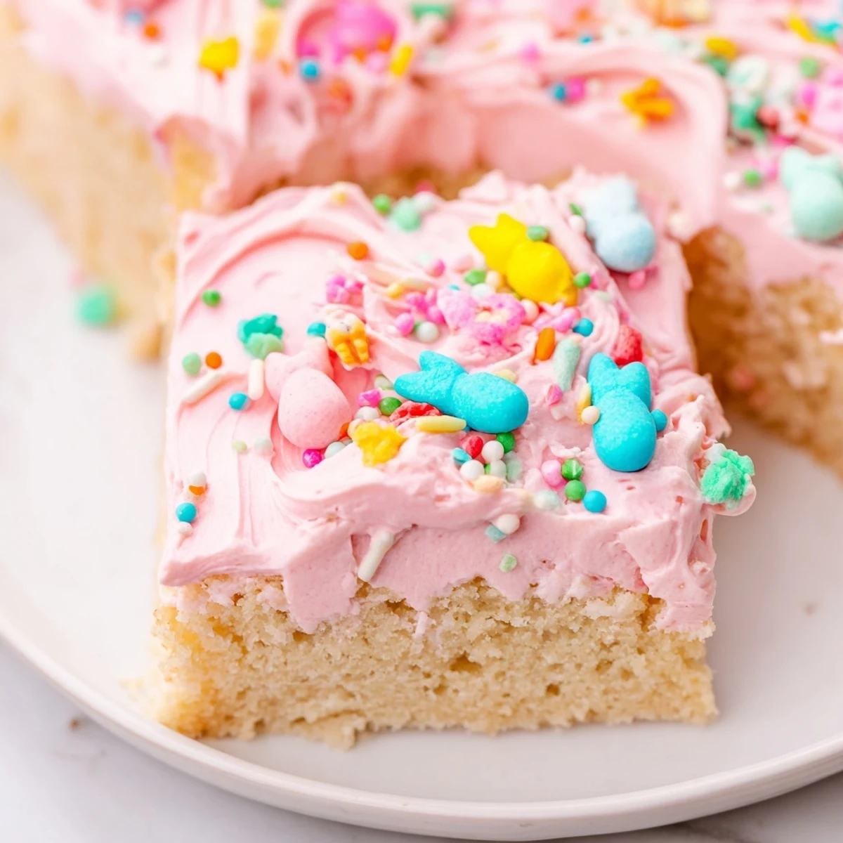 Chewy Easter sugar cookie bars topped with smooth buttercream and festive Easter sprinkles