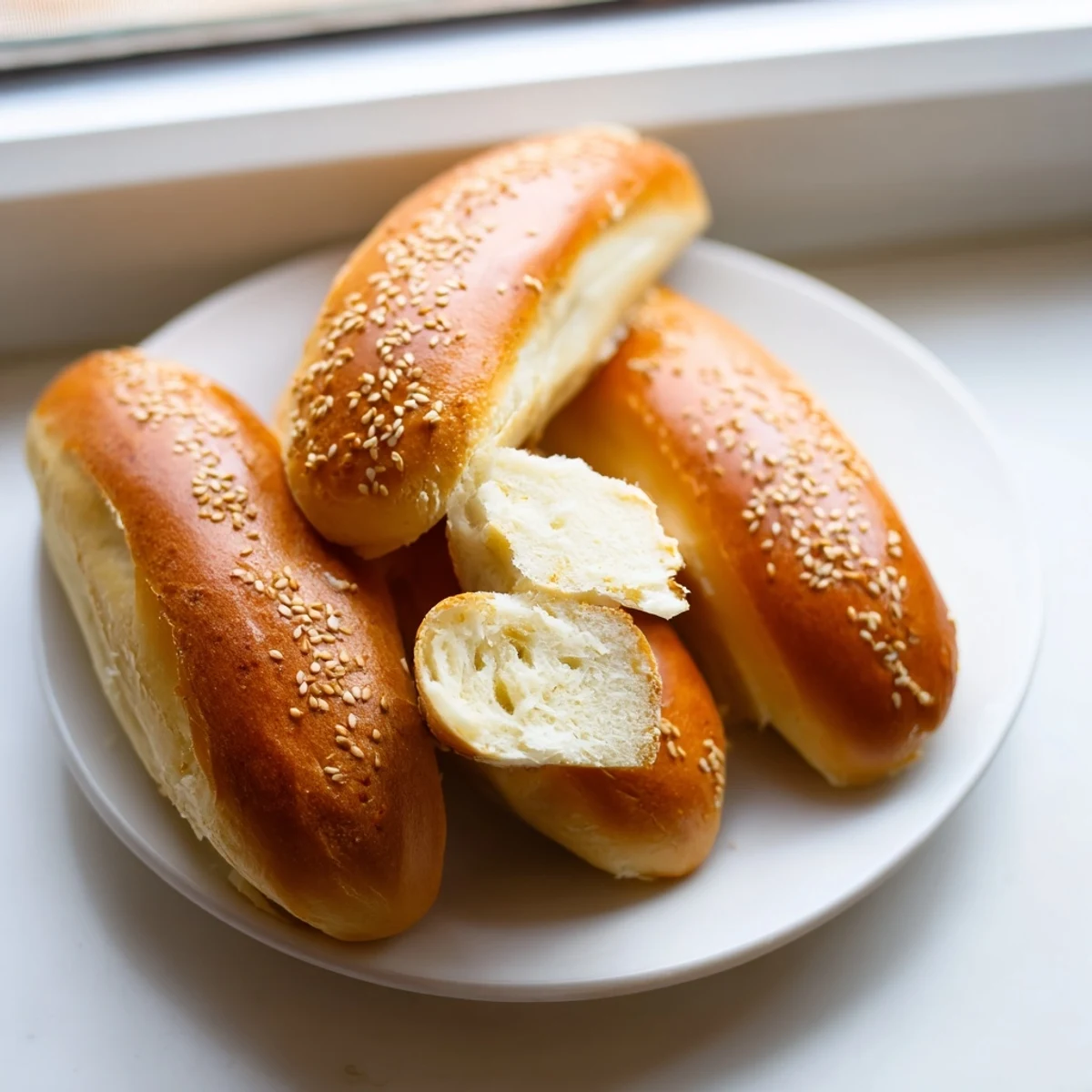 Golden sourdough discard hot dog buns topped with sesame seeds on parchment paper