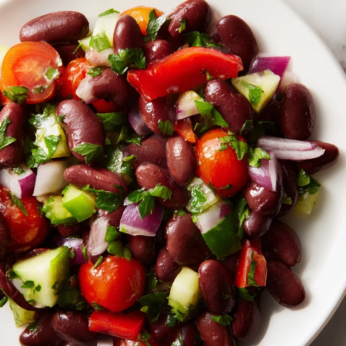 Colorful kidney bean salad in a white bowl with crisp peppers, cucumber, and fresh parsley