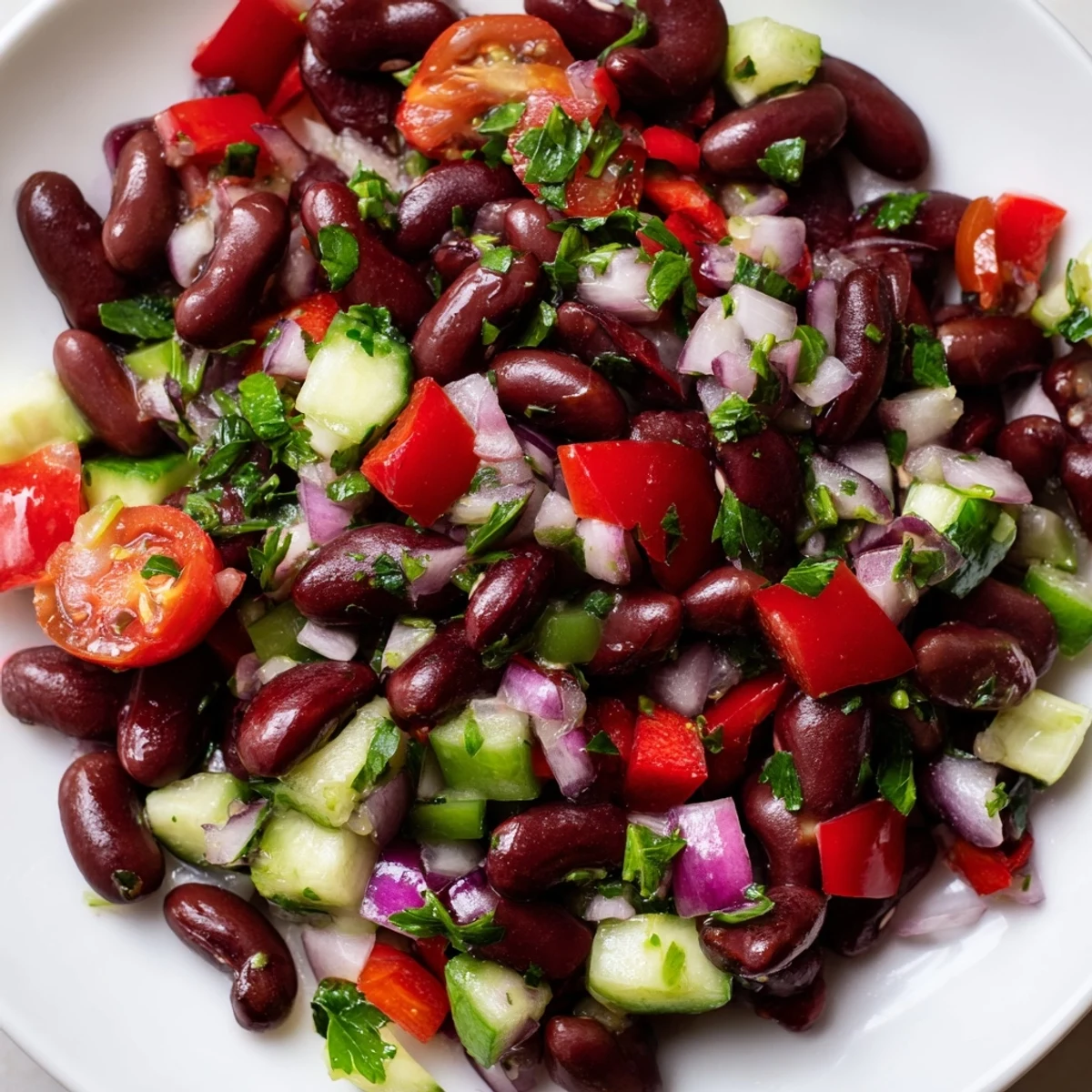 Kidney bean salad tossed with vibrant vegetables and tangy vinaigrette in a rustic serving dish