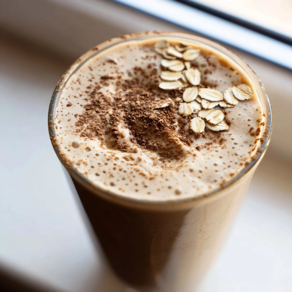 Creamy coffee smoothie in a glass topped with a sprinkle of cinnamon