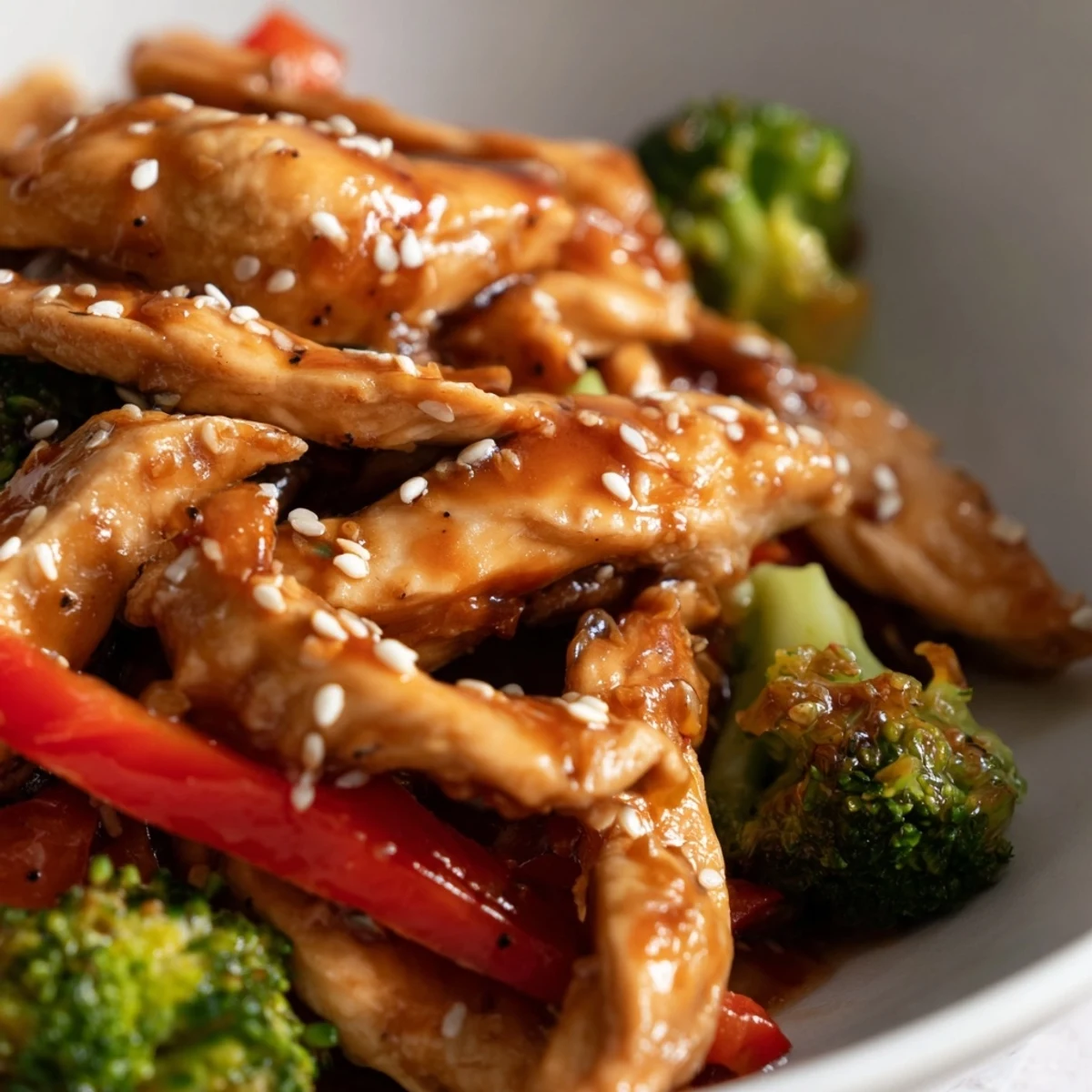 Tender chicken and vibrant vegetables glazed in savory sesame soy stir fry sauce
