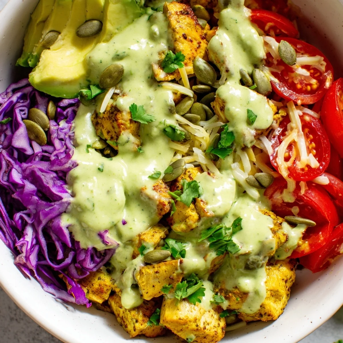 Keto bowls featuring crisp romaine, tender spiced chicken, and vibrant vegetables drizzled with rich avocado sauce