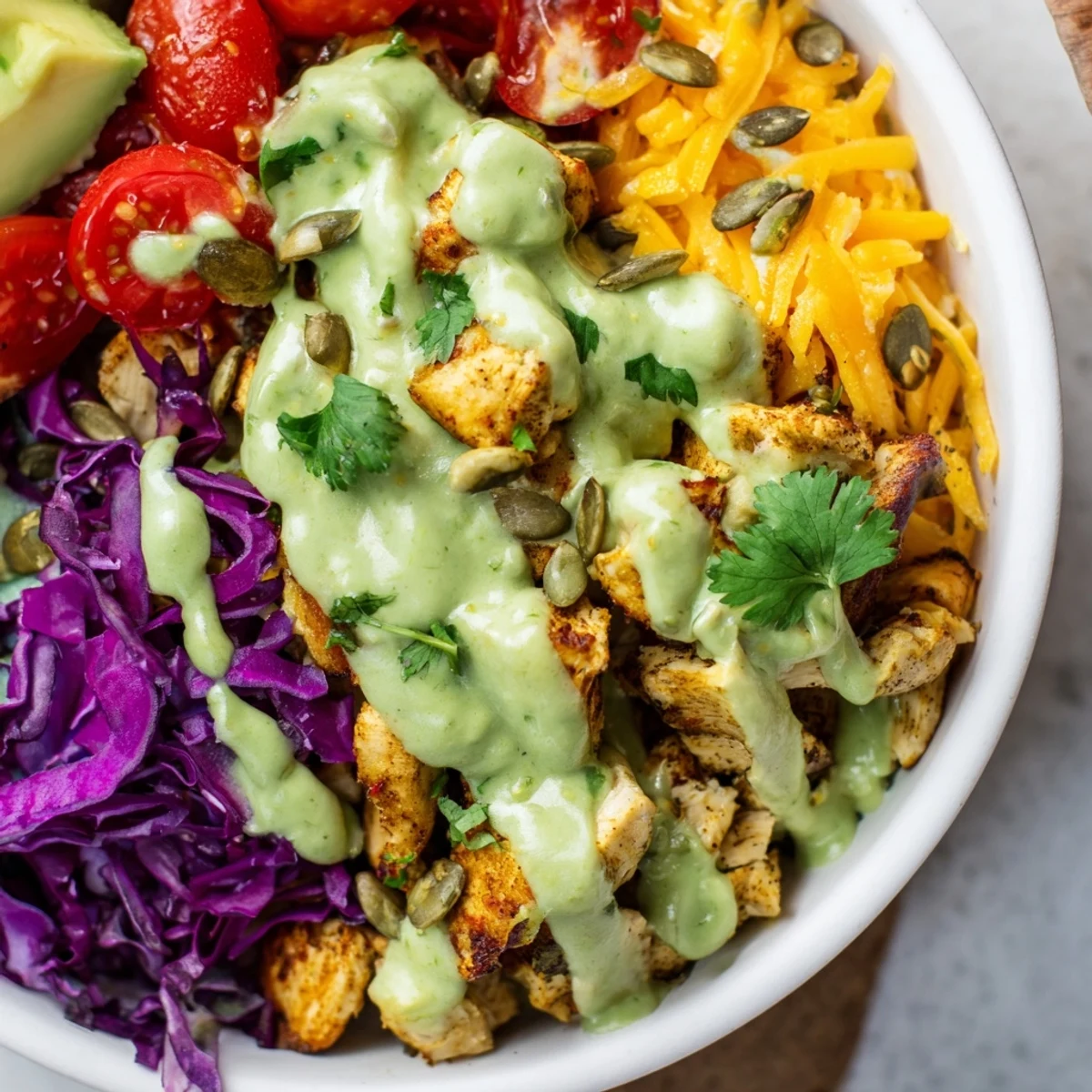 Colorful keto bowls loaded with fresh vegetables, seasoned chicken, and creamy avocado dressing ready to serve