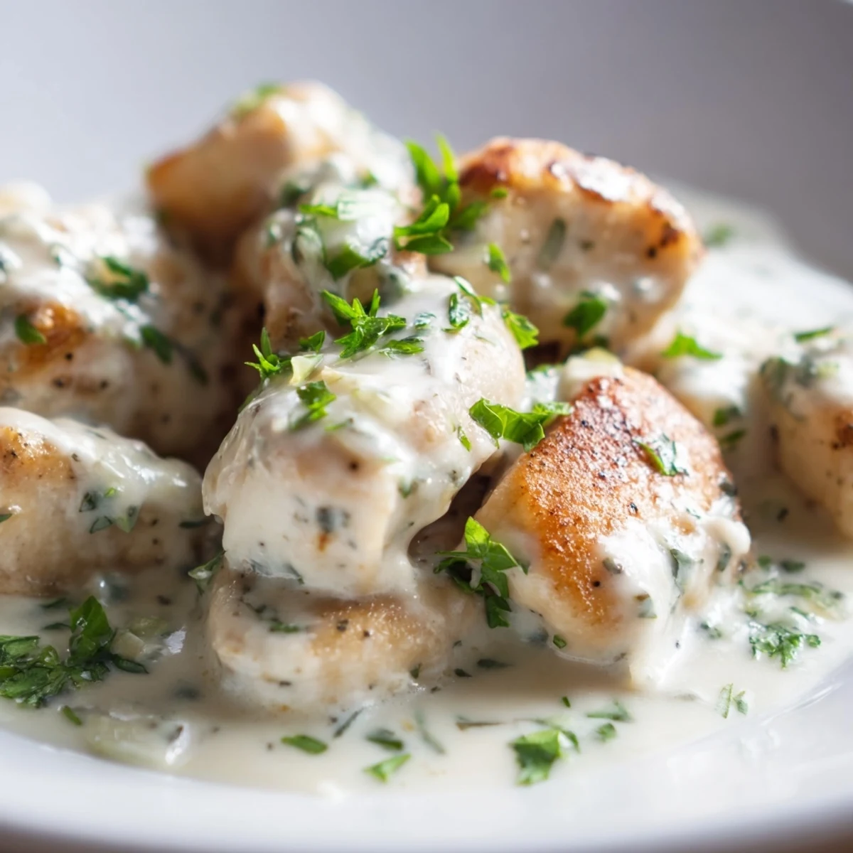 Creamy garlic chicken in golden skillet with rich white Parmesan sauce