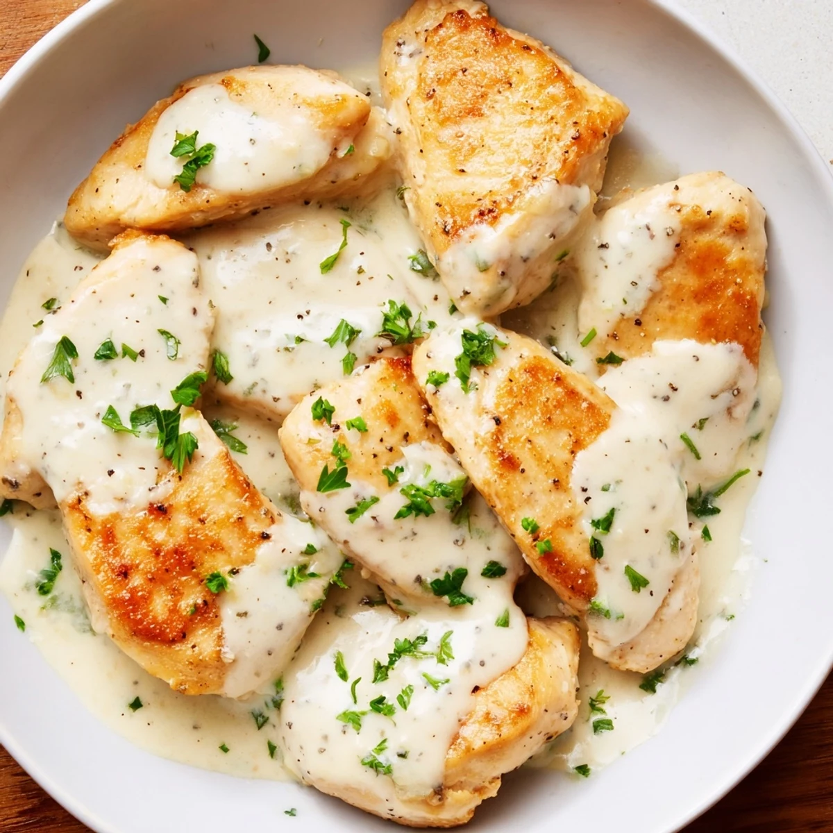 Tender creamy garlic chicken breasts smothered in silky herb-infused cream sauce