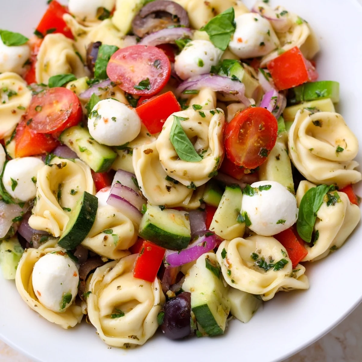 Colorful tortellini pasta salad in a white bowl with cherry tomatoes and fresh basil