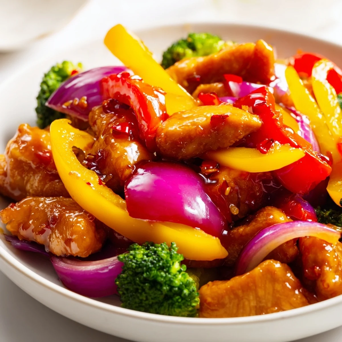 Colorful chicken vegetable stir fry sizzling in a skillet with vibrant bell peppers and broccoli
