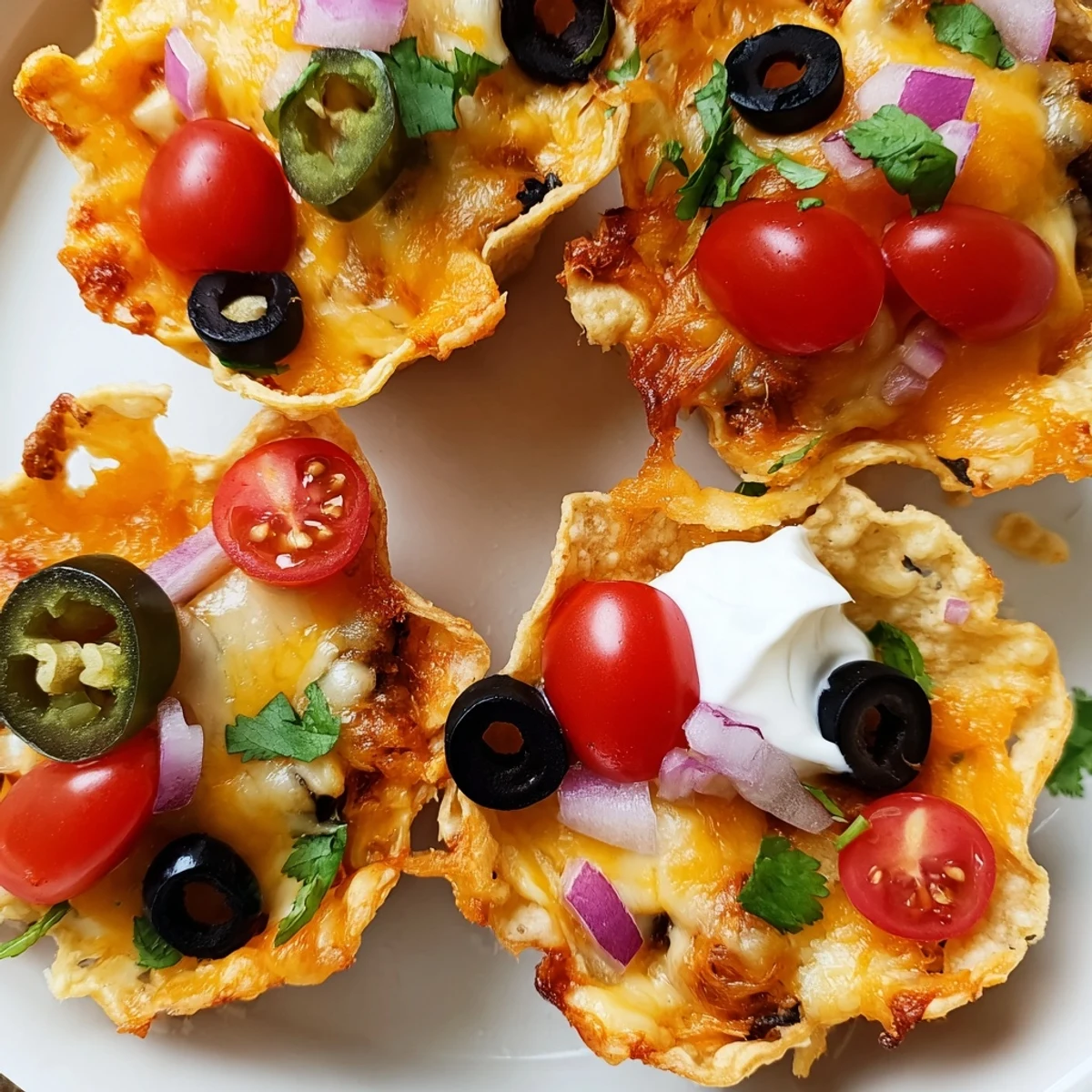 Golden cheesy nacho cups with melted cheddar, beans, and fresh tomatoes in crispy tortilla shells