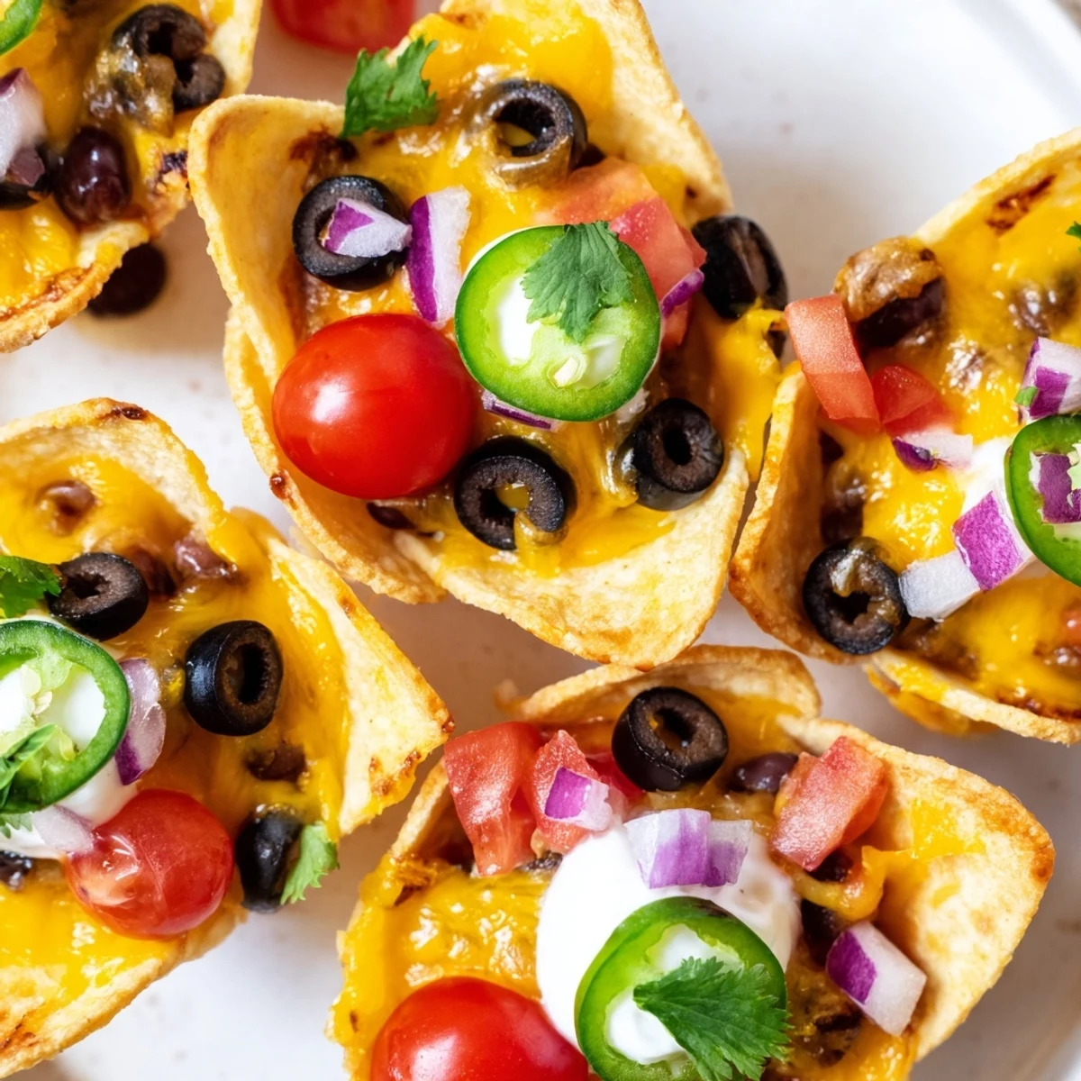Mini tortilla cups bubbling with melted cheese, black beans, jalapeños, and cool sour cream dollops