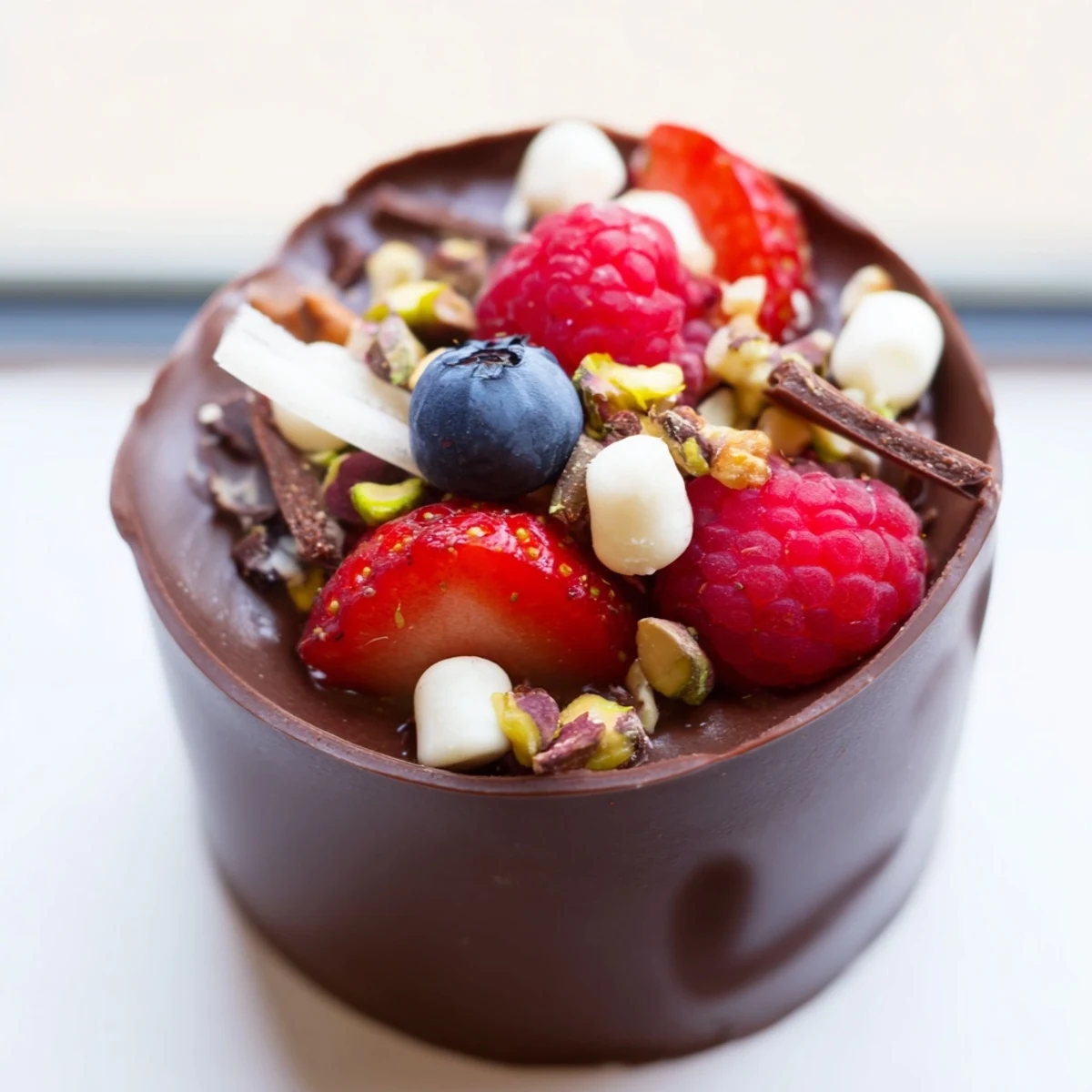 Chocolate grazing cups filled with velvety mousse topped with fresh berries and chopped nuts
