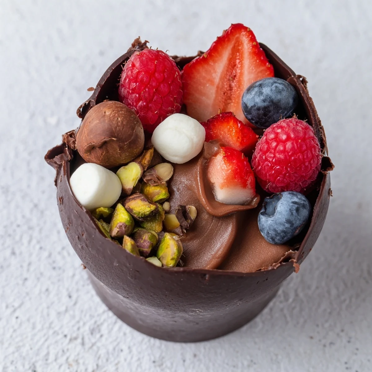 Elegant chocolate grazing cups featuring layers of rich mousse and colorful fresh berries