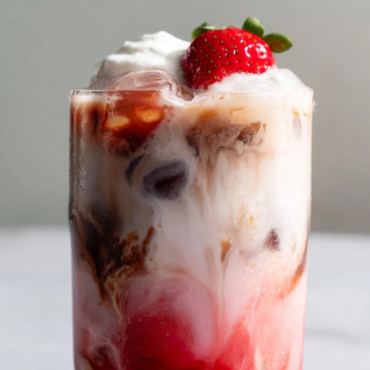 Creamy strawberry cold latte in a tall glass with swirled pink layers and ice