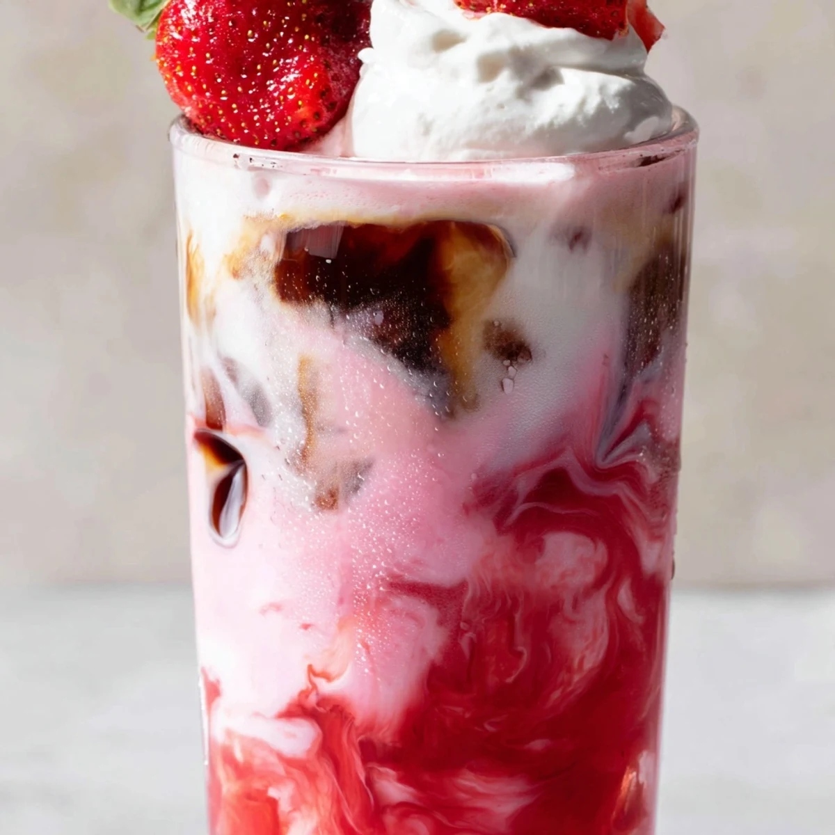Iced strawberry cream latte topped with fluffy whipped cream and fresh berry garnish