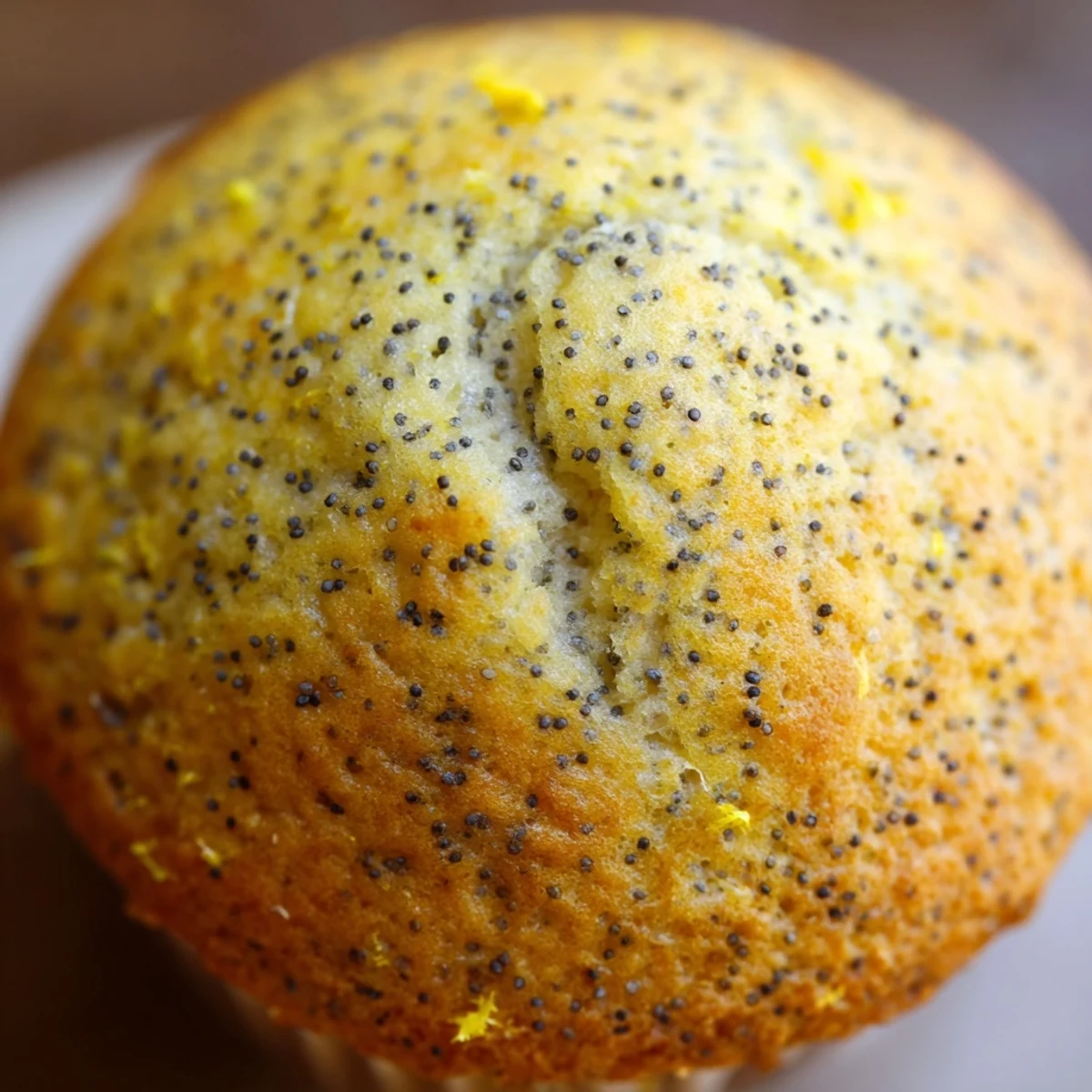 Golden lemon poppy seed muffins with domed tops fresh from the oven on a cooling rack