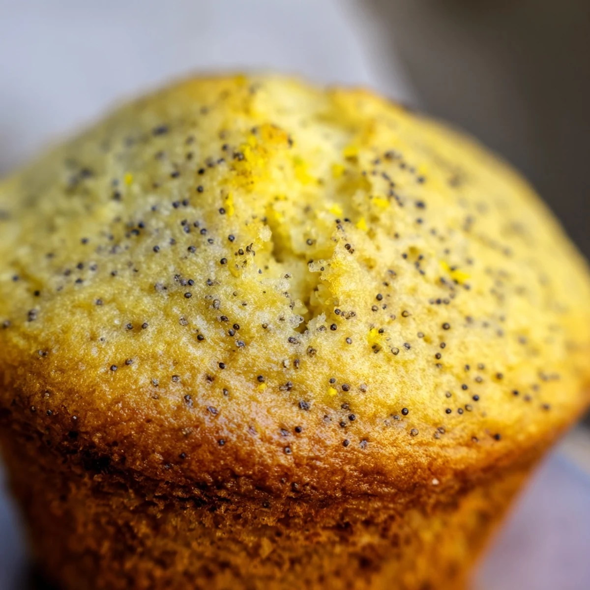 Moist lemon poppy seed muffins speckled with seeds and topped with bright lemon zest