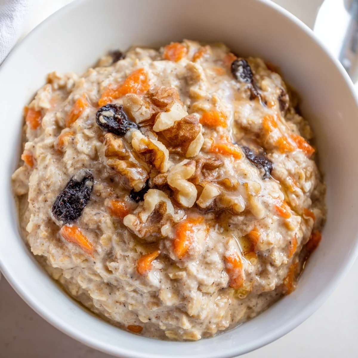 Creamy carrot cake overnight oats in a mason jar topped with crunchy walnuts and cinnamon