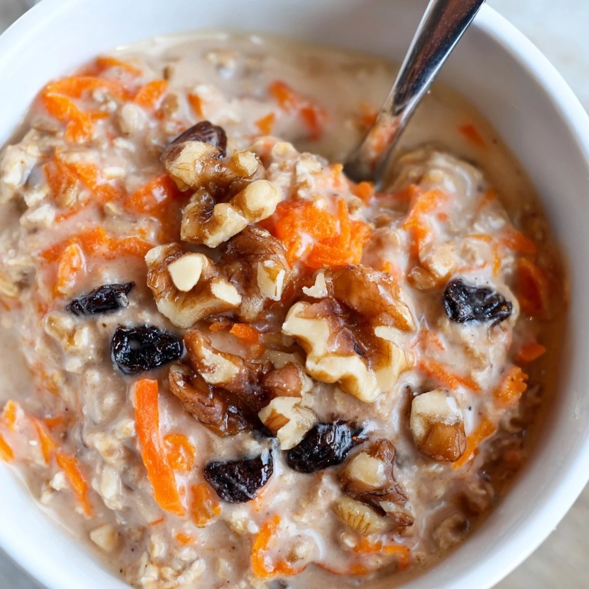Carrot cake overnight oats with grated carrots and raisins served in a rustic breakfast bowl